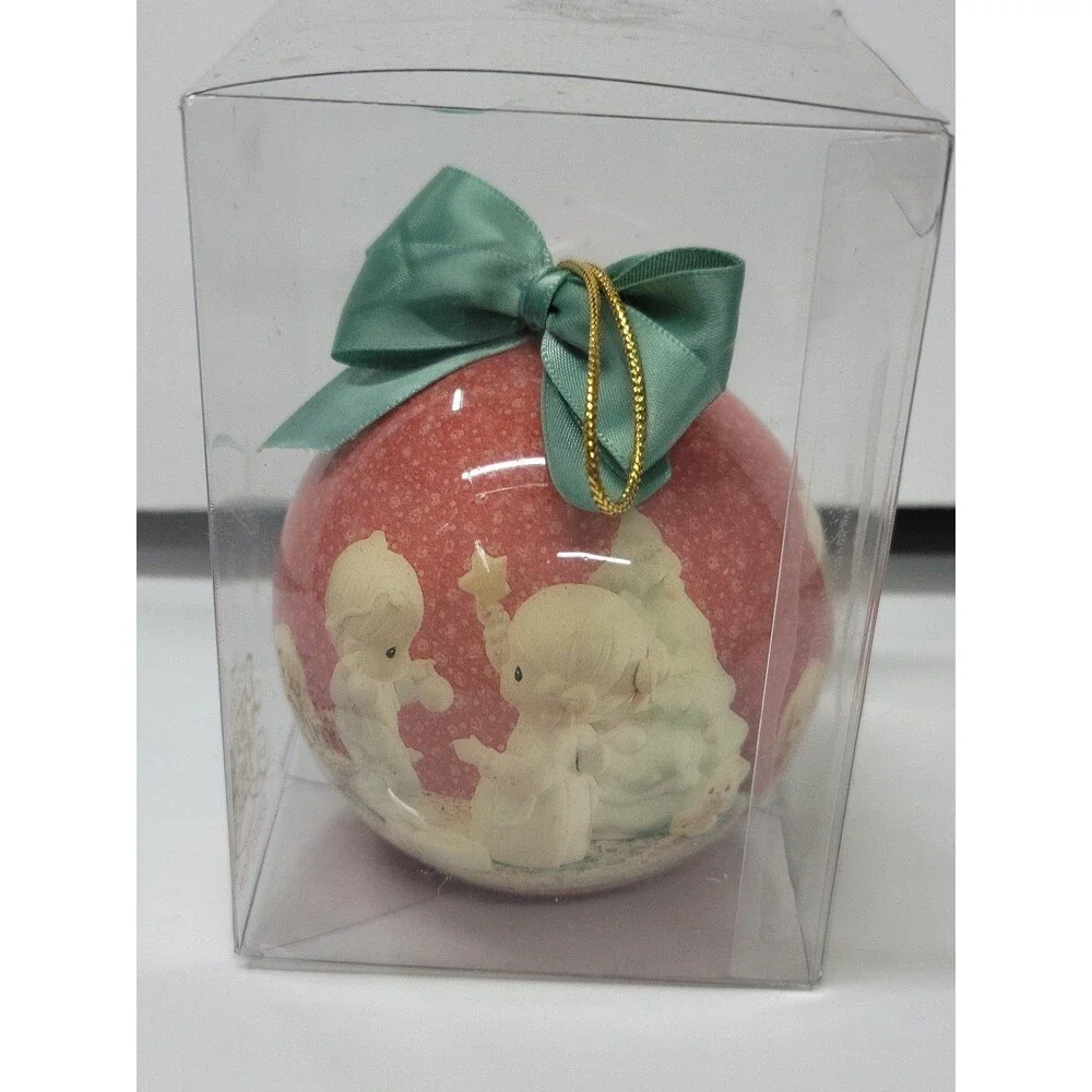 Lot of 4 Precious Moments Holiday Ornaments 1994 Enesco Round Balls Bows